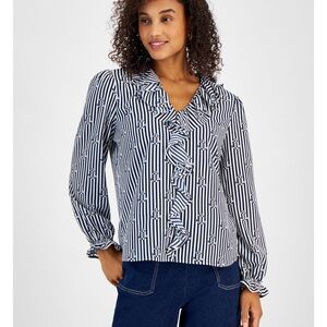 NWT Nautica Blue and White Stripe Ruffled Sailor Blouse Anchor XL Lightweight